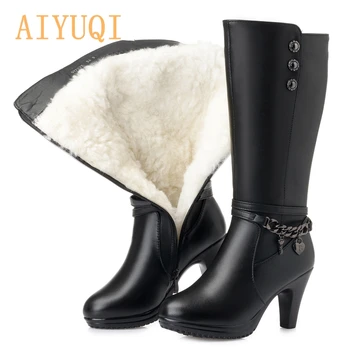 AIYUQI Kvindelige vinter sko Kvinde, støvler, højhælede Ægte Læder motorcykel støvler, tykke uld varme vinter støvler riding-Boot