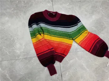 Kvinde Trøjer 2020 Casual Mode Regnbue Stribet Sweater Nye O-Hals Enkle Toppe Vinter Tøj til Kvinder
