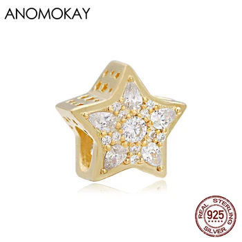 Skinne Hvid Krystal Stjerne Guld Farve Perler til gør det selv Armbånd & Charme Smykker at Gøre Ægte 925 Sterling Sølv Fem-punkt-Stjernede Perle