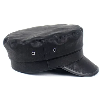 Lanxxy Vintage PU Hatte Sort Casquette Militær Huer til Kvinder Fladskærms Hær Hat Visir