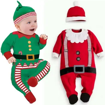 Jul Rompers 2018 Nye baby Santa Claus Overalls Hat lange ærmer nyfødte Spædbarn Piger drenge 0-24month Tøj Party Gave
