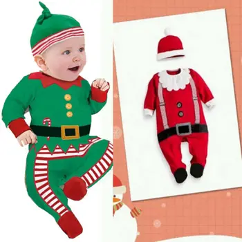 Jul Rompers 2018 Nye baby Santa Claus Overalls Hat lange ærmer nyfødte Spædbarn Piger drenge 0-24month Tøj Party Gave