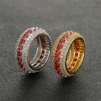 Nye 5 Rækker Solid Mænds Ring 18 K Copper Charm Guld Sølv Farve Rød Cubic Zircon Iced RING Mode Hip Hop Smykker