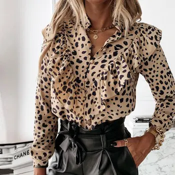 Casual Leopard Prik Print Flæse Bluse Shirt Foråret Lange Ærmer Kvinder Shirts Elegante Kontor Dame V-Hals-Knappen Løs Toppe Kontor