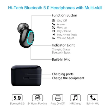 True Bluetooth-5.0 Øretelefon HBQ TWS Trådløse Headphons Sport Håndfri sæt Øretelefoner 3D Stereo Gaming Headset Med Mic Opladning Box