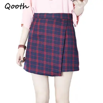 Qooth Preppy Stil Mini Nederdel Kvinder Plaid Elegante Arbejde Skort 2020 Foråret Vintage Nye Kort Høj Talje Retro Kort Nederdel QH1012