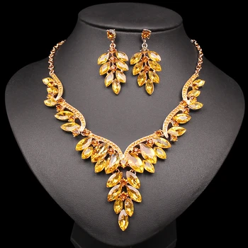 Mode Halskæde Øreringe Sæt Luksus Dubai Guld Farve Smykke Sæt Krystal Brude Bryllup Fest Kostume Smykker Gave til Kvinder