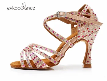 Latin Danse Sko, Shoes De Baile Hæl højde 9-9.5 cm khaki satin med rhinestone Størrelsen OS 4-12 For Kvinder NL305