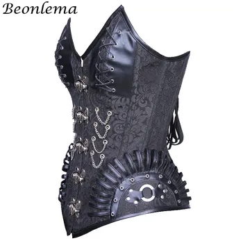 BEONLEMA Broderi Steampunk Overbust Korset Sort Gotisk Tøj, til Kvinder Clubwear Bustiyer Corpetes e Corselet e Espartilhos