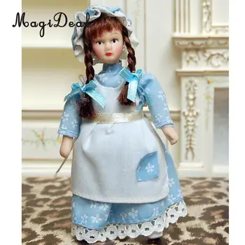 MagiDeal 1Pc 1/12 Dukkehus Miniature Porcelæn Dukker Flettet Hår Lidt Servent Girl w Stand til Soveværelse Indretning Børn Toy 2Kinds