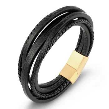 XQNI Multi-lag Rustfrit Stål Spænde Black/Brown Ægte Læder Armbånd Til Mænd, Kvinder Klassisk Design Til Gave