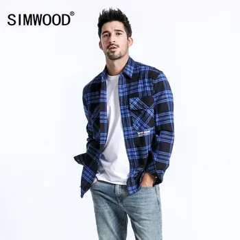 SIMWOOD Casual Plaid Shirt Mænd 2020 Mode langærmet Brev Trykte Shirts Slim Fit- Ren Bomuld Camisa Masculina 180545