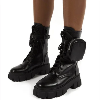 LazySeal Plus Størrelse 43 Chunky Støvler Mode Lomme Platform Støvler Kvinder Snøre Kvindelige Pose Ankel Støvler Kvinder Botas Mujer