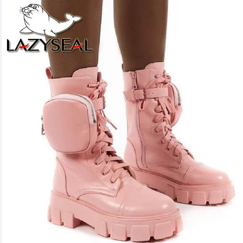 LazySeal Plus Størrelse 43 Chunky Støvler Mode Lomme Platform Støvler Kvinder Snøre Kvindelige Pose Ankel Støvler Kvinder Botas Mujer