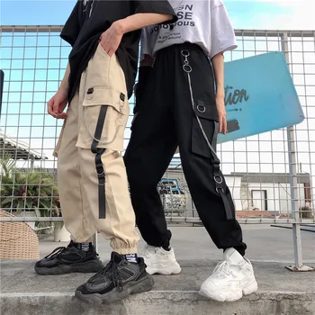 Ny Unisex Kvinder Mænd Cargo Bukser Harajuku Kæde Lommer Ankel Bukser med Høj Talje Kæde Hip-hop Safari Style Harem Bukser