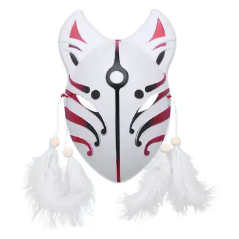 Hånd Malet PVC Japansk Stil Fox Maske med Fjer Kvaster Anime Cosplay Halloween Party Festival, Rave Kostume Tilbehør