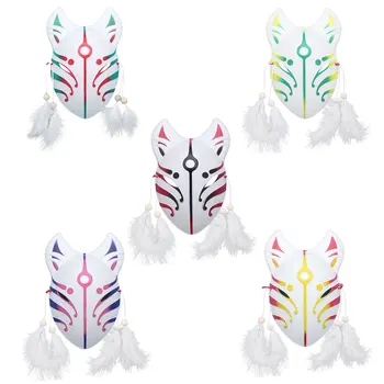 Hånd Malet PVC Japansk Stil Fox Maske med Fjer Kvaster Anime Cosplay Halloween Party Festival, Rave Kostume Tilbehør