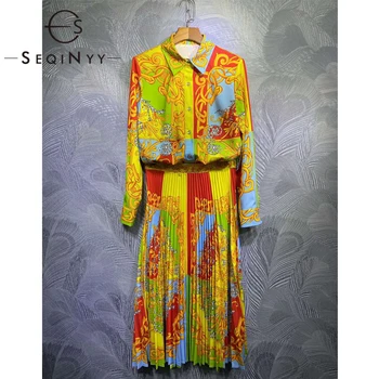 SEQINYY Gul Passer til 2020 Foråret Efteråret Nye Mode Design til Kvinder langærmet Skjorte + Lang Plisseret Nederdel, Retro Blomster Print, der Passer