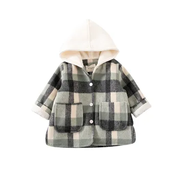 Vinter Nye Ankomst koreansk stil, casual mode uldne plaid lang tyk pels med lommer til søde søde baby girls