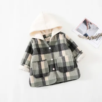 Vinter Nye Ankomst koreansk stil, casual mode uldne plaid lang tyk pels med lommer til søde søde baby girls