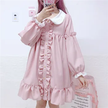 Lolita kjole mori piger efterår forår Japansk stil sød frisk lange ærmer peter pan krave pink kjole vestidos