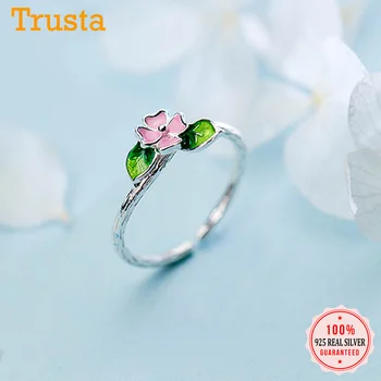 Trustdavis Nye Ankomst Blomst, Grønne Blad i træet Filial Ring Justerbar Finger Ring 925 Sterling Sølv Kvinder Bryllup Smykker Gave DS580