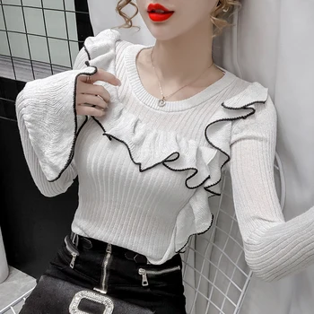 Koreanere søde søde sweater kvinder 2020 efteråret pullover strikket trøje flare lange ærmer flæser trøjer overdele puff femme