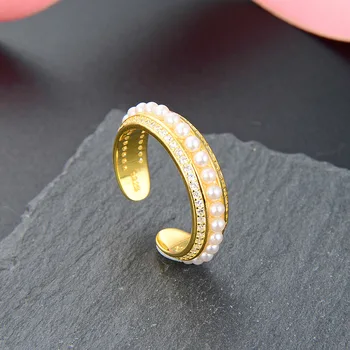 Jellystory mode kvindelige ring 925 Sterling Sølv Ring med ferskvandsperle guld farve justerbare ringe til Bryllup Part Gave