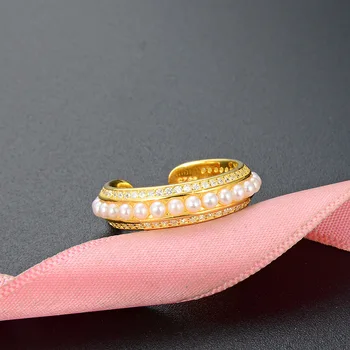 Jellystory mode kvindelige ring 925 Sterling Sølv Ring med ferskvandsperle guld farve justerbare ringe til Bryllup Part Gave