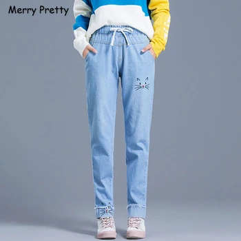 Glædelig Smukke Kvinder Jeans Bukser Tegneserie Kat Broderi Harajuku Denim Bukser 2020 Vinter Elastisk Talje Lige Lommer Jean Bukser