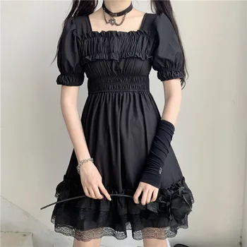 Japanske Kvinder Victoriansk Gotisk Firkantet Krave Med Blonder, Flæser Sort Lolita Kjole Sommer Piger Steampunk Puff Ærmer Mini Kjoler