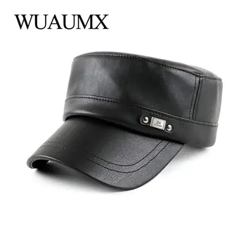 Wuaumx NYE PU Læder Militære Hatte Til Mænd Flad Top Militær Cap Enkel Army Cap Solid Black Efterår og Vinter Far Imiteret Læder Hat