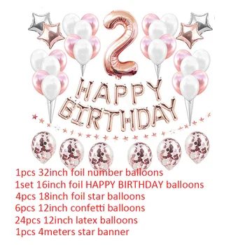 37pcs Rose Gold Nummer 2 Folie Balloner Sæt 2nd Fødselsdag Part Dekorationer Baby Dreng Pige 2 År tillykke med Fødselsdagen Indretning Pink Blå