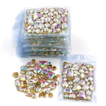 Gratis shipping Engros 5 poser blandet form sy på glas og crystal AB guld base rhinestones diy kjole/Tøj tilbehør