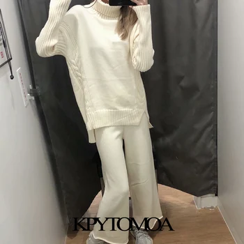 KPYTOMOA Kvinder 2020 Mode Løs Rullekrave Sweater Bred Ben Strik Bukser, Vintage To-delt Sæt Kvindelige Pullovere Træningsdragt Mujer