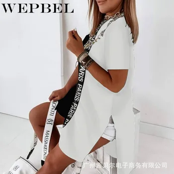 WEPBEL Kvinder Casual Løs Brev Print Shirt Kjole Plus Size Damer Korte Ærmer O-Hals-Mini-Dress