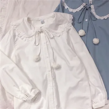 Kawaii Mode Flannel Skjorte Kvinder Lolita Skole Piger Hvid Bluse Peter Pan Blonde Krave Vintage Søde Søde Elegante Shirt Toppe