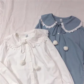 Kawaii Mode Flannel Skjorte Kvinder Lolita Skole Piger Hvid Bluse Peter Pan Blonde Krave Vintage Søde Søde Elegante Shirt Toppe