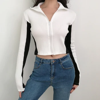 Sort Hvid Patchwork Harajuku Kvindelige koreansk Tøj Zip Turtleneck Op Afgrøde Top Tee Kvinder Skjorte 2020 Falde langærmet T-Shirt
