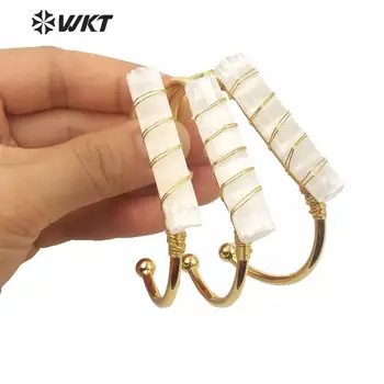 WT-B567 Fashion kvinder åbne messing, forgyldt armbånd lange hvide selenite armbånd med wire indpakket nye design cuff bangle