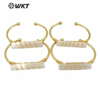 WT-B567 Fashion kvinder åbne messing, forgyldt armbånd lange hvide selenite armbånd med wire indpakket nye design cuff bangle