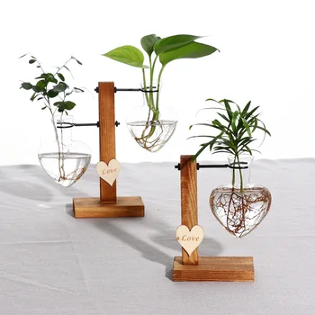 Elsker Formen Træ-Hydroponic Glas Vase Stue Blomst Arrangement Tørret Blomst Gennemsigtig Beholder Flaske Home Decor