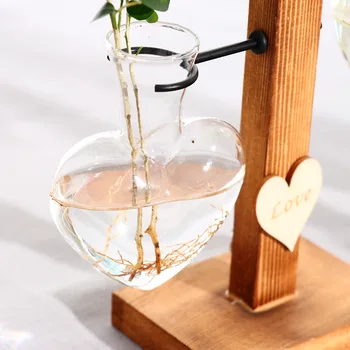 Elsker Formen Træ-Hydroponic Glas Vase Stue Blomst Arrangement Tørret Blomst Gennemsigtig Beholder Flaske Home Decor