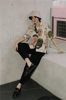 TVVOVVIN Japansk Streetwear Ukiyoe Print Sommer Bluse Kvinder 2020Collared Knap Op-Shirt kortærmet Top Bluse Tøj 8VP6