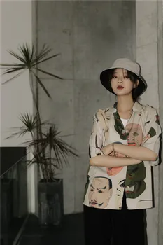 TVVOVVIN Japansk Streetwear Ukiyoe Print Sommer Bluse Kvinder 2020Collared Knap Op-Shirt kortærmet Top Bluse Tøj 8VP6