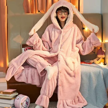 To-delt Pyjamas Kvinder Fortykket Plus Velour Pyjamas Efteråret og Vinteren Lang Coral Velour Pyjamas Tegnefilm Flannel Home Service