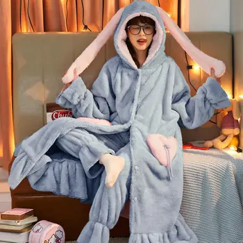 To-delt Pyjamas Kvinder Fortykket Plus Velour Pyjamas Efteråret og Vinteren Lang Coral Velour Pyjamas Tegnefilm Flannel Home Service