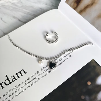 LouLeur 925 sterling sølv med agat perle armbånd sort agat hjerte perle store runde perle armbånd til kvinder smykker gave