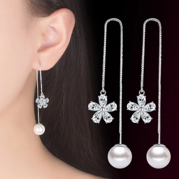 Kvinders fashion brand sølv smykker luksus perle elegante lange øre linje kvast Dråbe Øreringe temperament simple kvindelige øre line