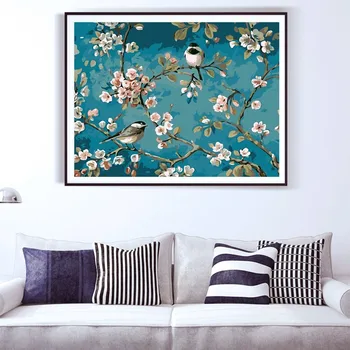 AZQSD Maleri Af Tal 40 × 50cm Hvid Blomst Med Lille Fugl oliemaleri Billede Af tal På Lærred Home Decor szyh419